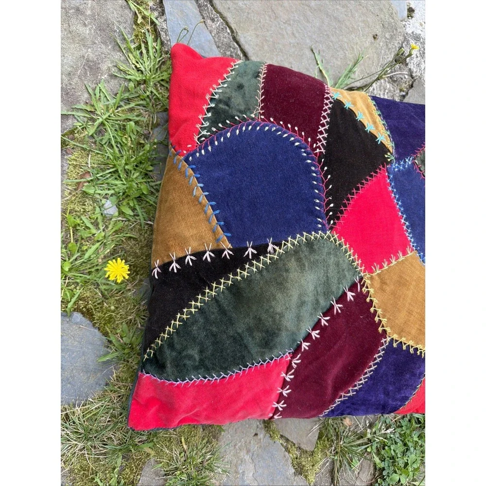 Vintage crazy quilt throw pillow made from  Scrap, green velvet back 16 x 17